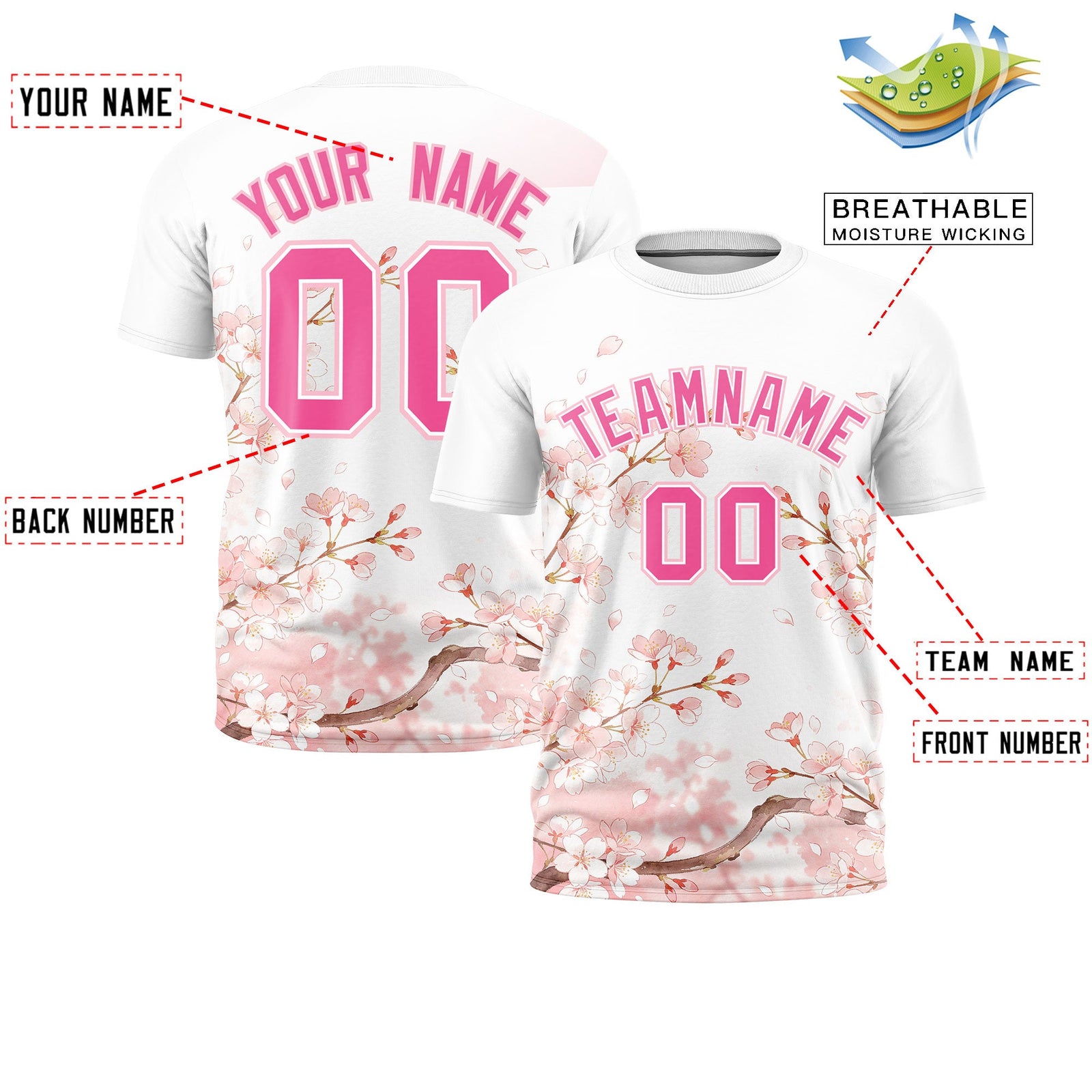 Custom White Pink Light Pink Cherry Blossoms Personalization Moisture-Wicking T-shirt| KXKSHOP