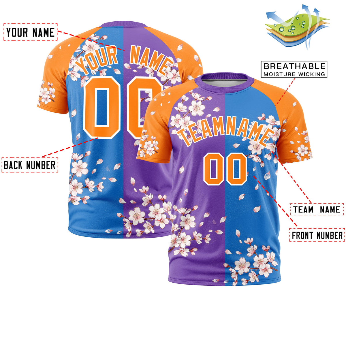 Custom Light Blue Orange White Cherry Blossoms Personalization Stretch Fabric T-shirt| KXKSHOP