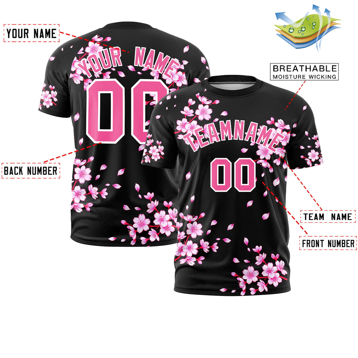 Custom Black Pink White Cherry Blossoms Personalization Moisture-Wicking T-shirt| KXKSHOP
