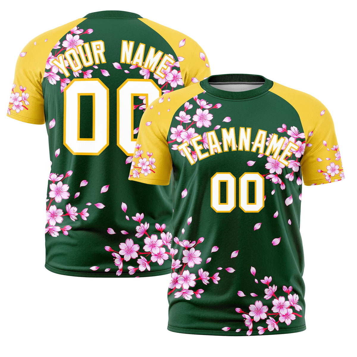 Custom Dark Green Gold White Cherry Blossoms Personalization Stretch Fabric T-shirt| KXKSHOP
