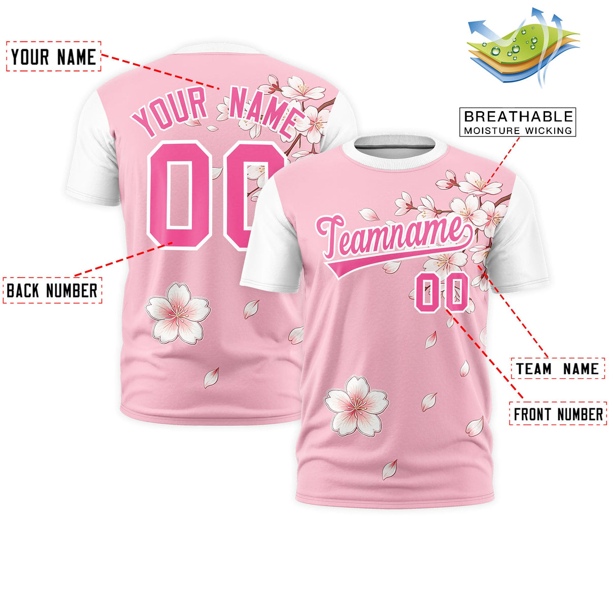 Custom Light Pink White Pink Cherry Blossoms Personalization Moisture-Wicking T-shirt| KXKSHOP