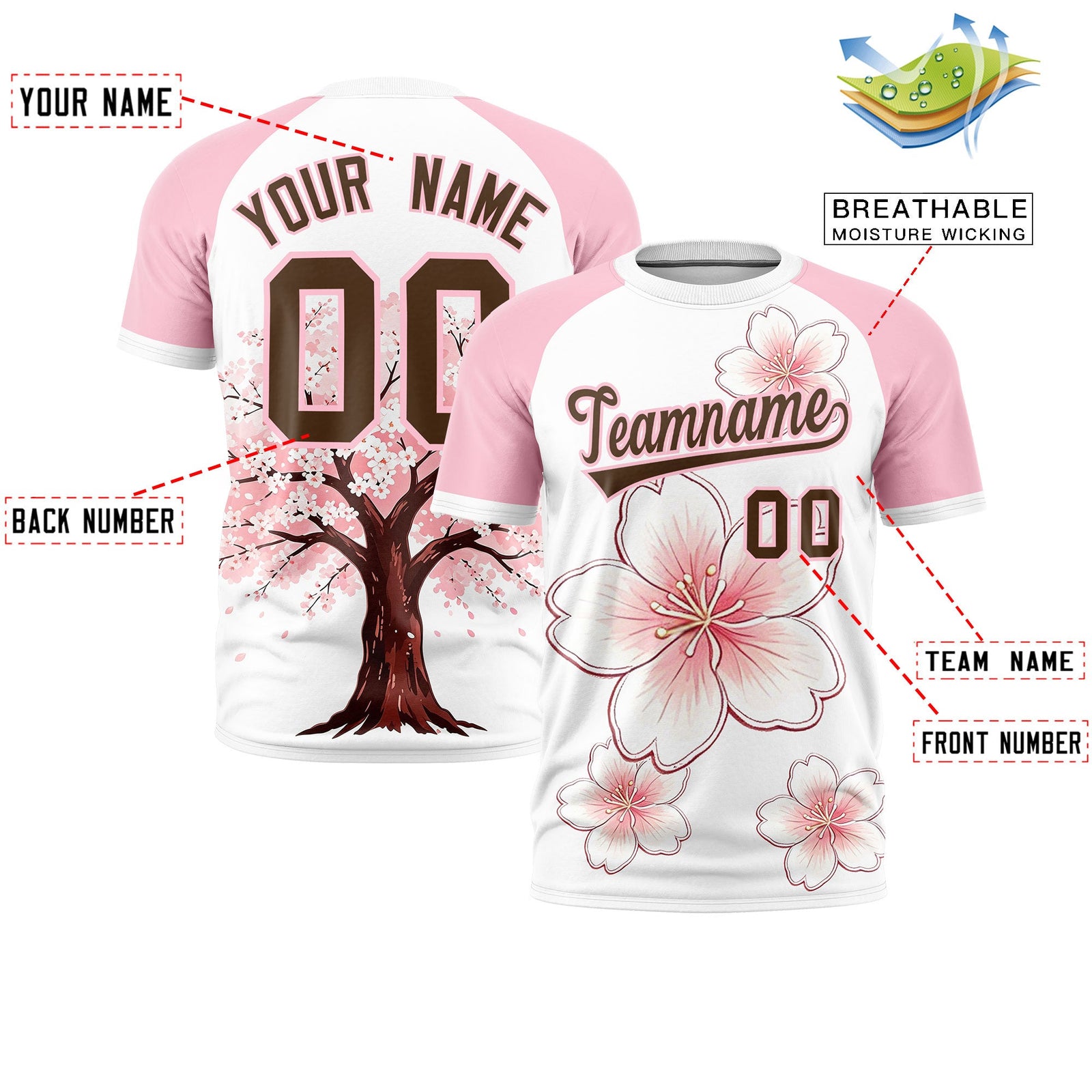 Custom White Light Pink Light Brown Cherry Blossoms Personalization Stretch Fabric T-shirt| KXKSHOP