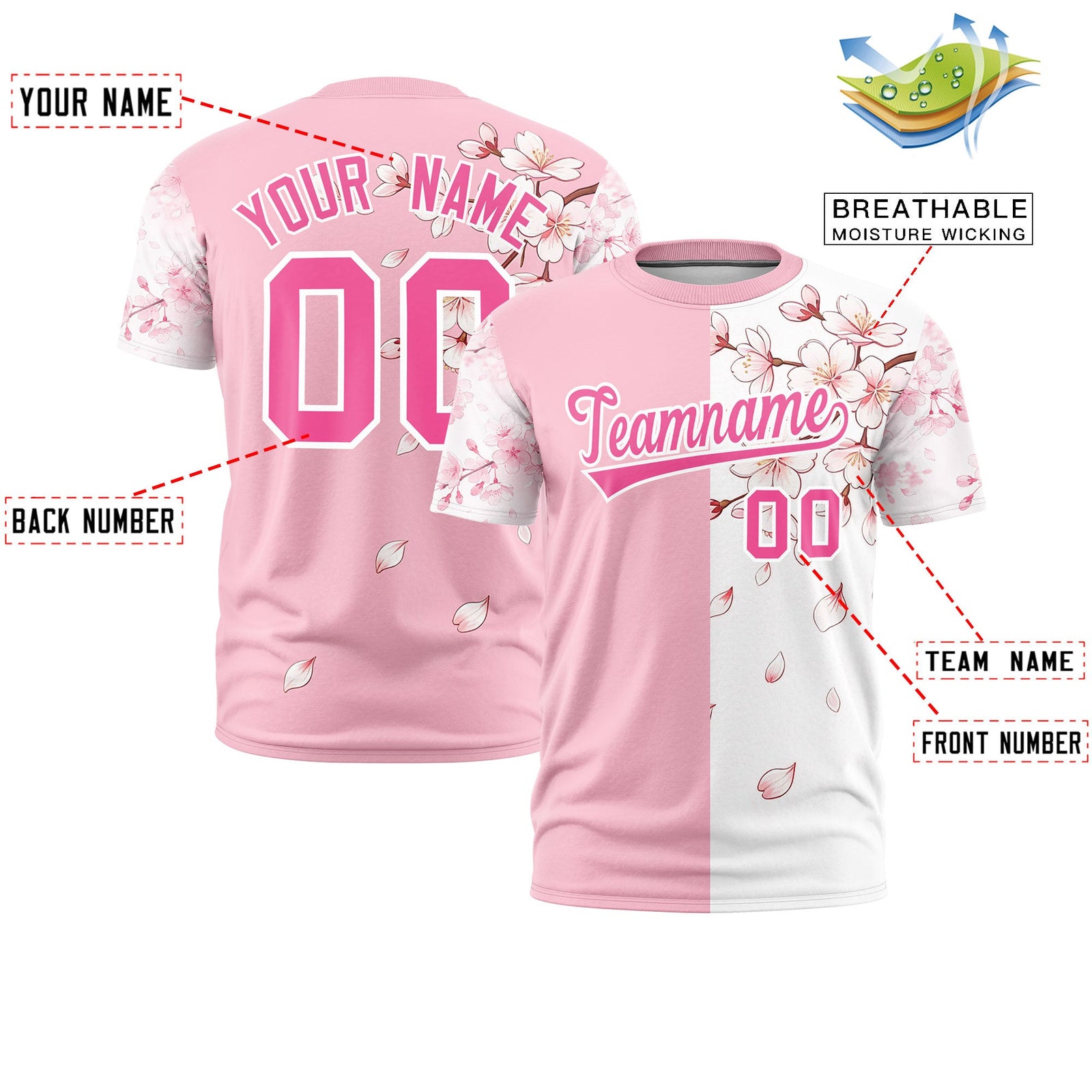 Custom Light Pink White Pink Cherry Blossoms Personalization Moisture-Wicking T-shirt| KXKSHOP