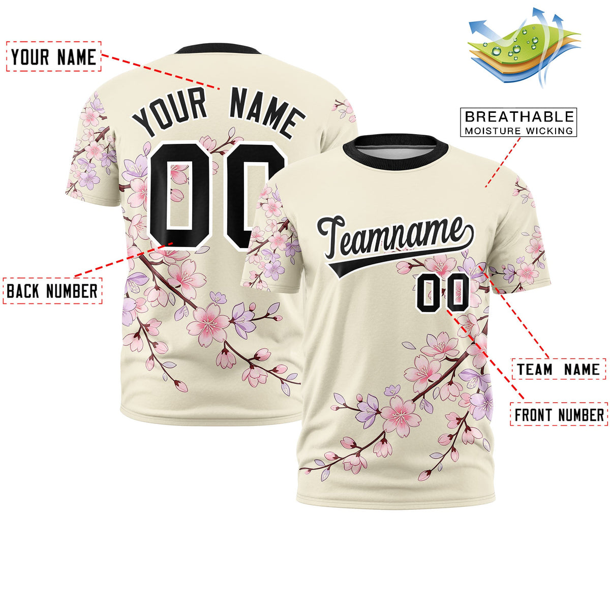 Custom Light Khaki Light Pink Black Cherry Blossoms Personalization Stretch Fabric T-shirt| KXKSHOP