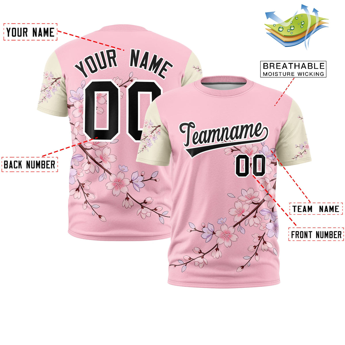 Custom Light Pink Light Khaki Black Cherry Blossoms Personalization Stretch Fabric T-shirt| KXKSHOP