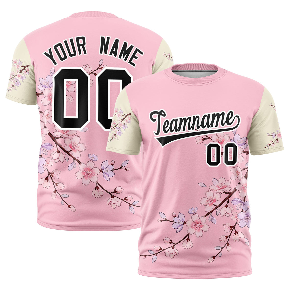 Custom Light Pink Light Khaki Black Cherry Blossoms Personalization Stretch Fabric T-shirt| KXKSHOP