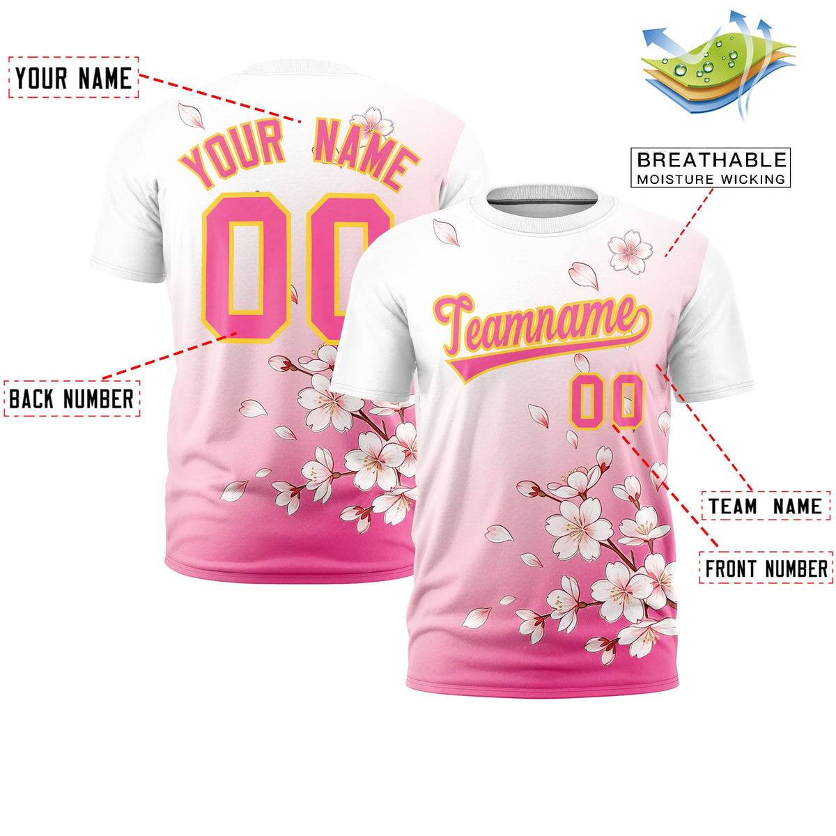 Custom White Pink Gold Cherry Blossoms Personalization Stretch Fabric T-shirt| KXKSHOP
