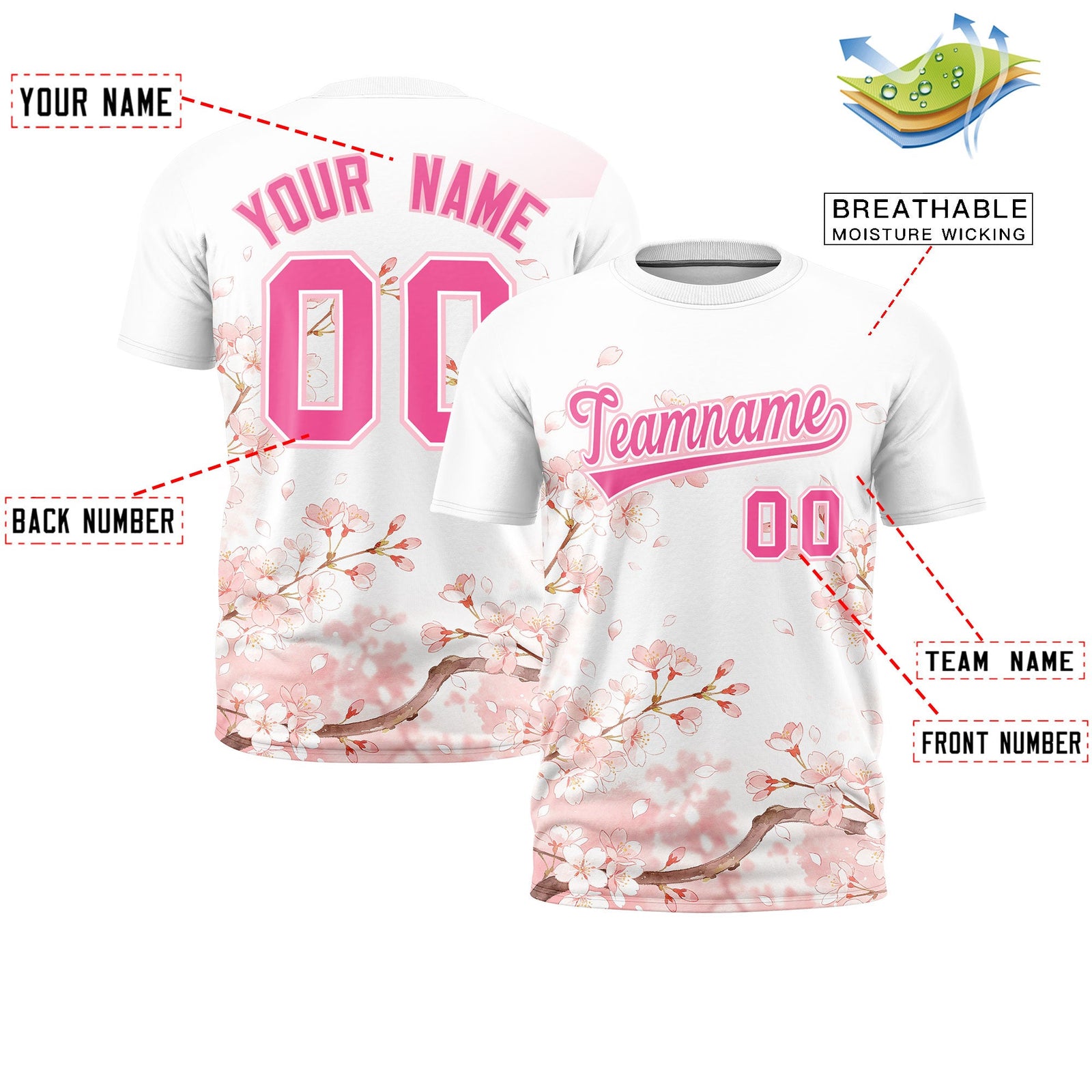 Custom White Pink Light Pink Cherry Blossoms Personalization Moisture-Wicking T-shirt| KXKSHOP