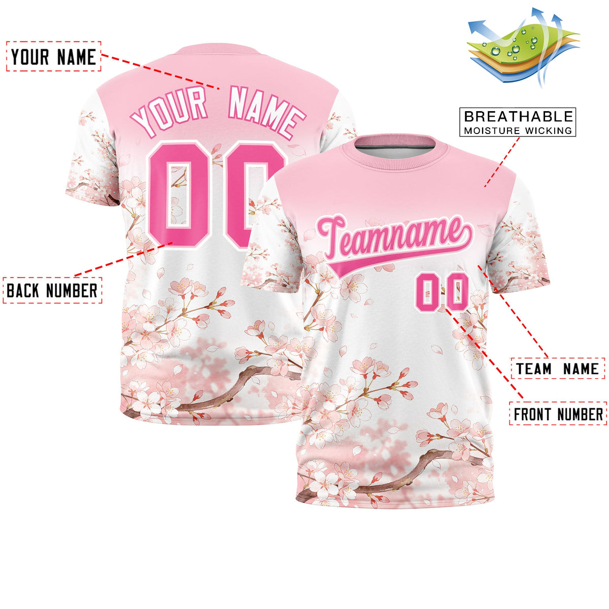 Custom Light Pink White Pink Cherry Blossoms Personalization Moisture-Wicking T-shirt| KXKSHOP