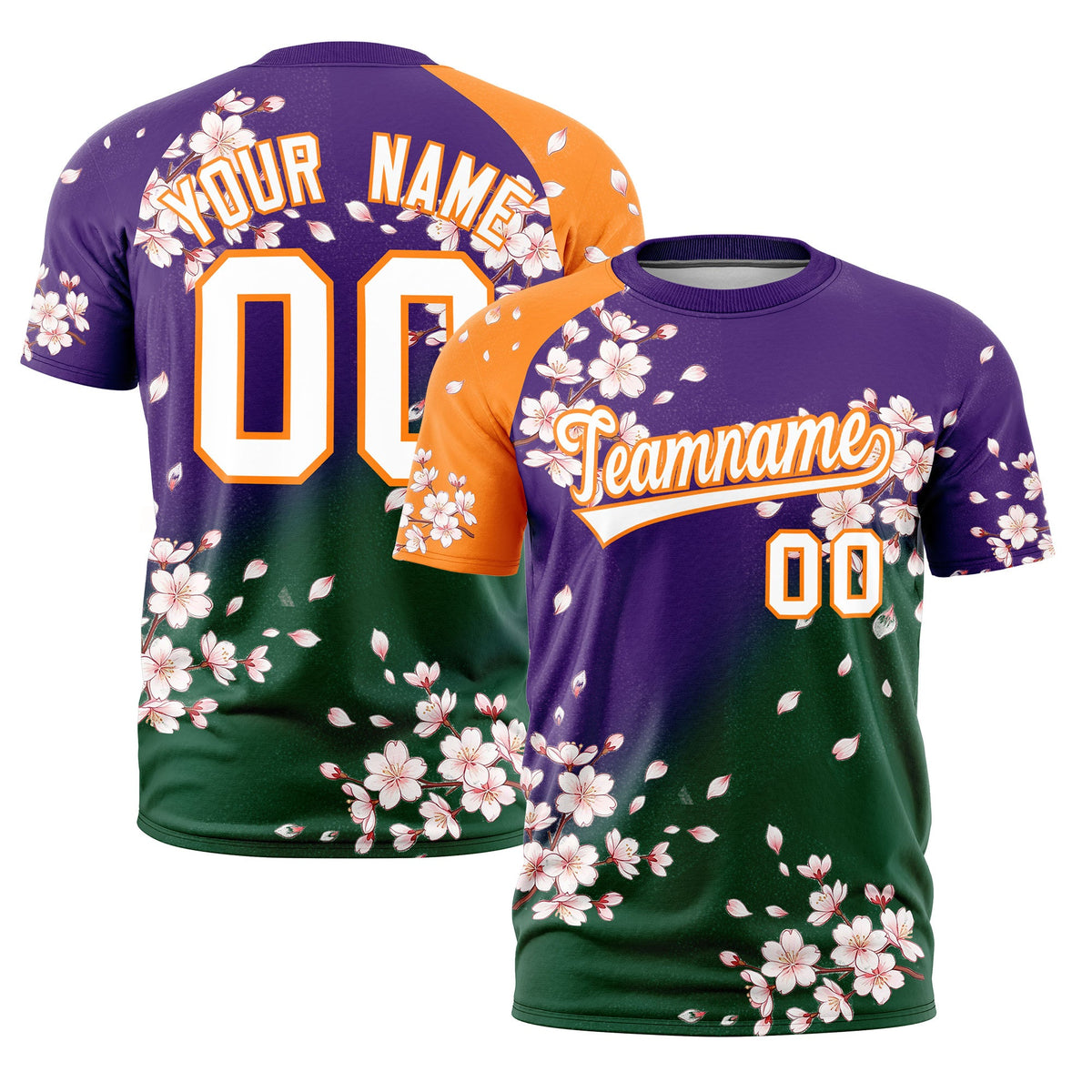 Custom Purple Dark Green Orange Cherry Blossoms Personalization Moisture-Wicking T-shirt| KXKSHOP