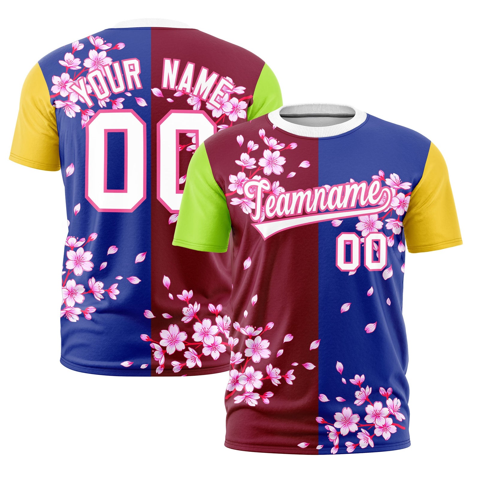 Custom Crimson Royal Blue Neon Green Cherry Blossoms Personalization Stretch Fabric T-shirt| KXKSHOP