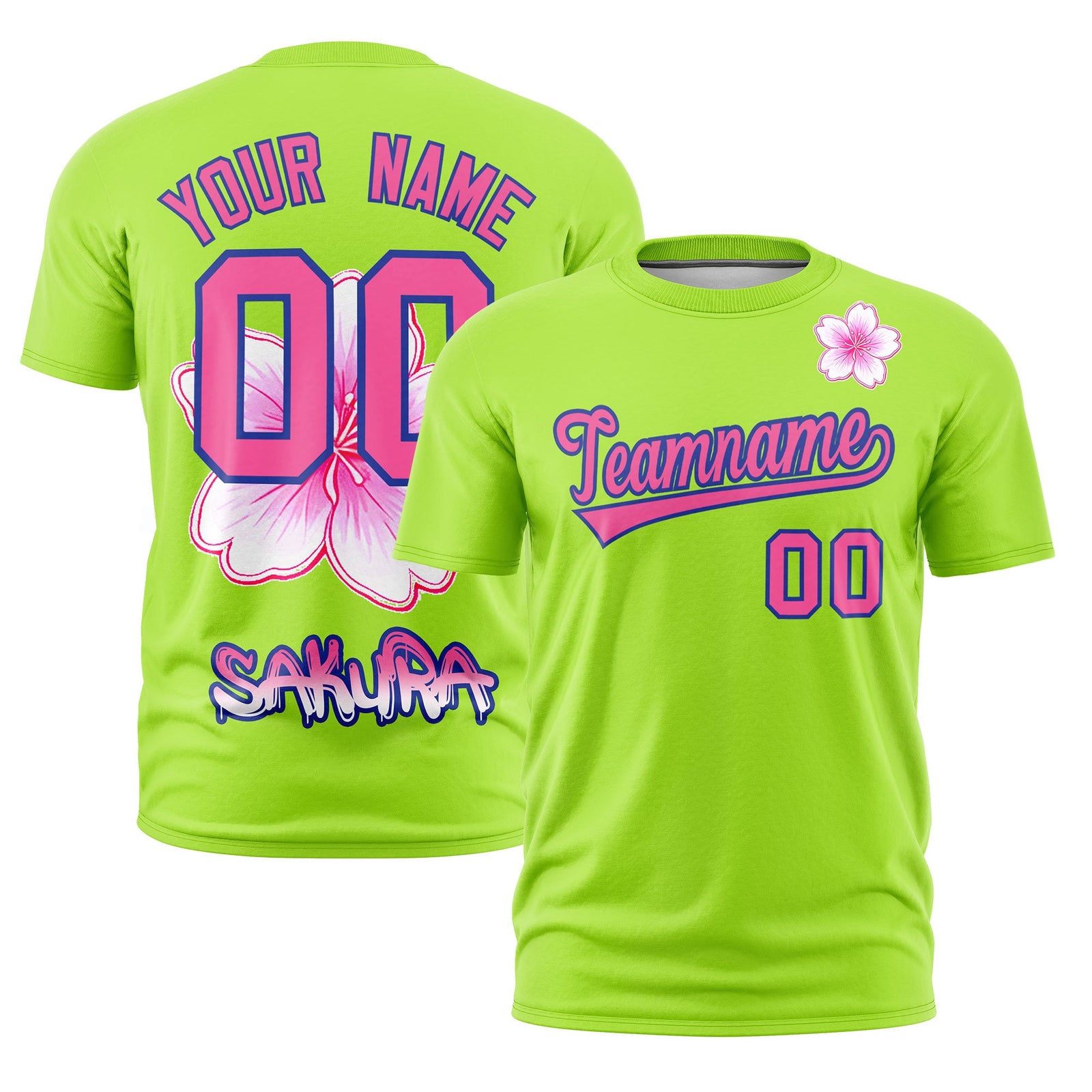 Custom Neon Green Pink Royal Blue Cherry Blossoms Personalization Stretch Fabric T-shirt| KXKSHOP