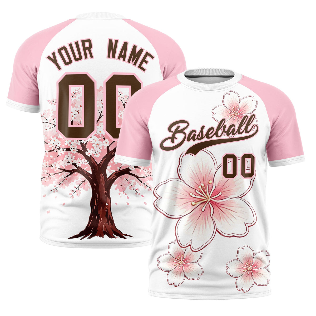 Custom White Light Pink Light Brown Cherry Blossoms Personalization Stretch Fabric T-shirt| KXKSHOP