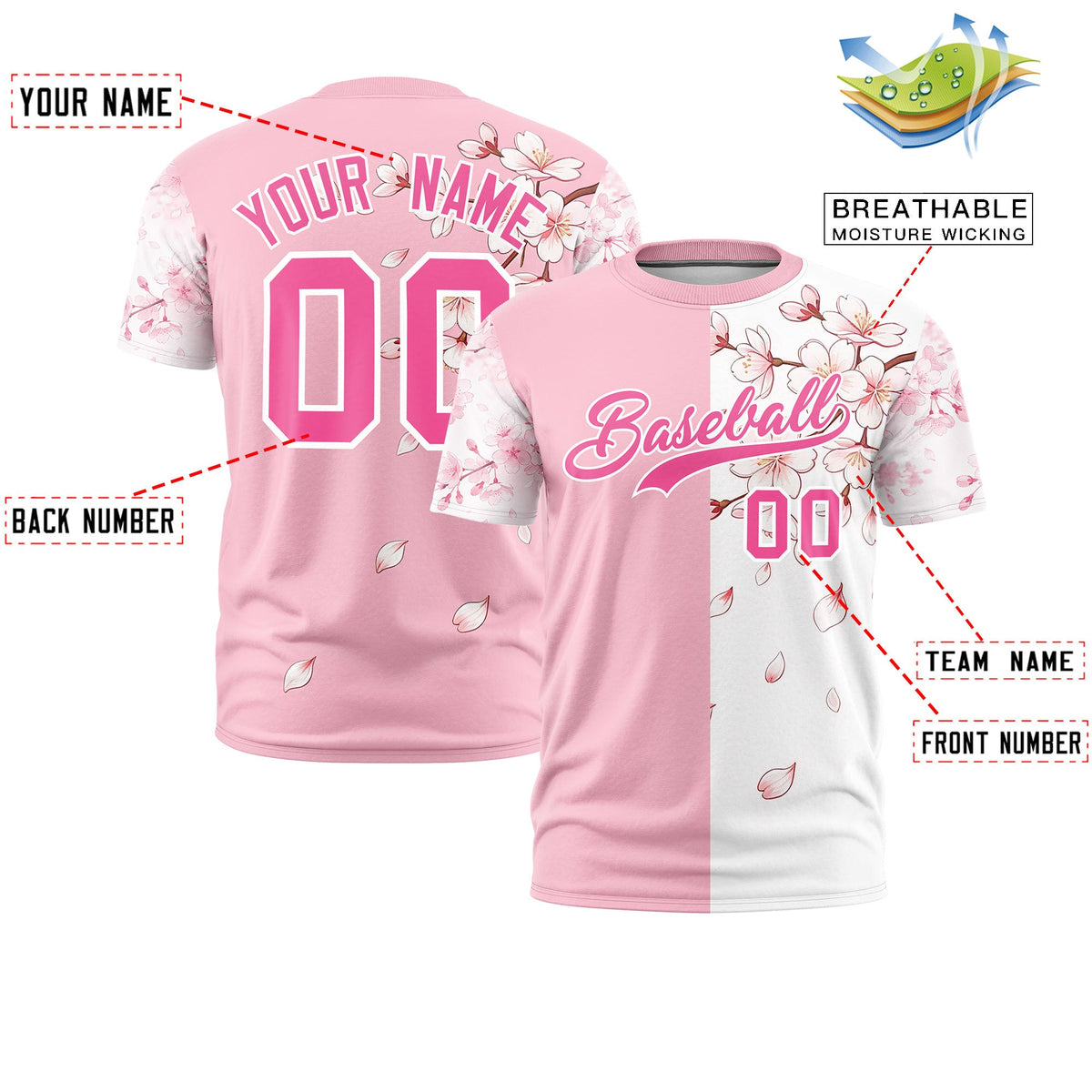 Custom Light Pink White Pink Cherry Blossoms Personalization Moisture-Wicking T-shirt| KXKSHOP