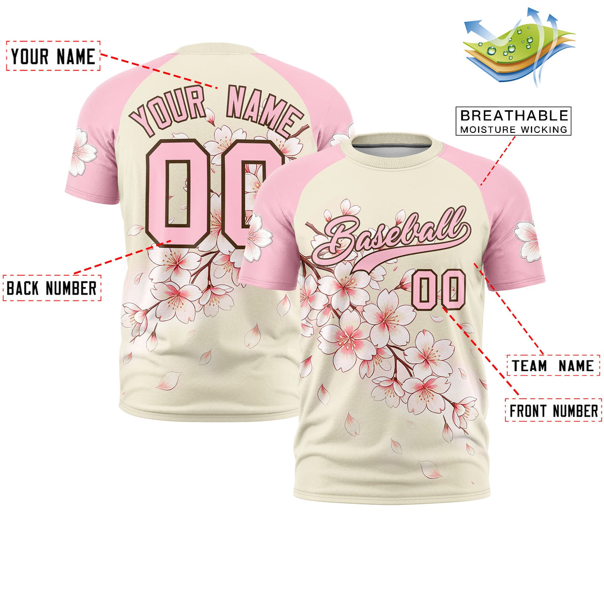 Custom Light Khaki Light Pink Light Brown Cherry Blossoms Personalization Moisture-Wicking T-shirt| KXKSHOP