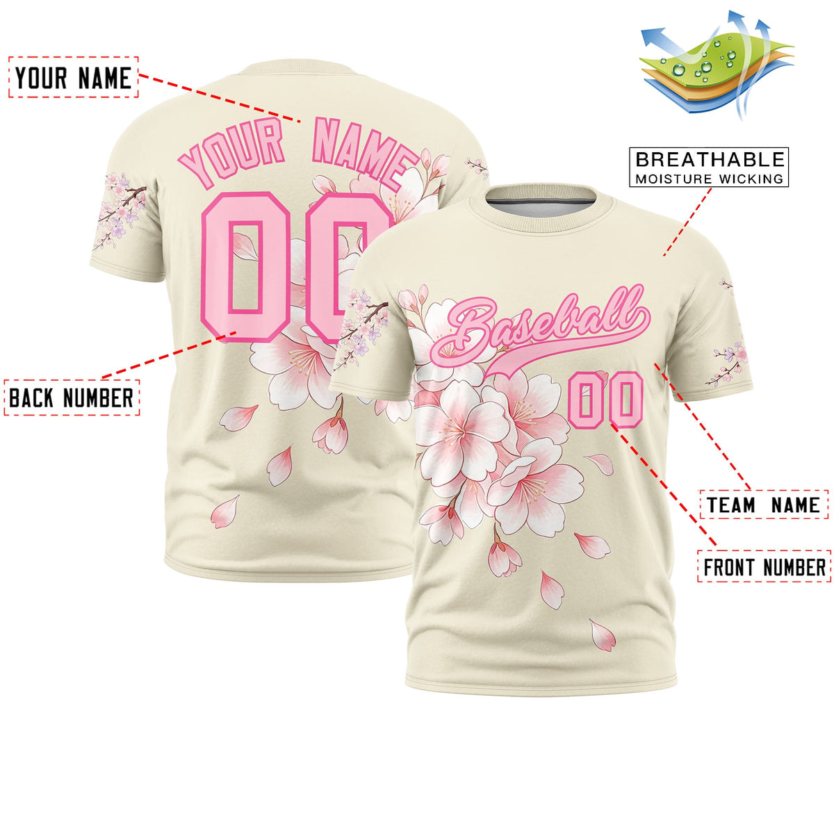 Custom Light Khaki Light Pink Pink Cherry Blossoms Personalization Moisture-Wicking T-shirt| KXKSHOP