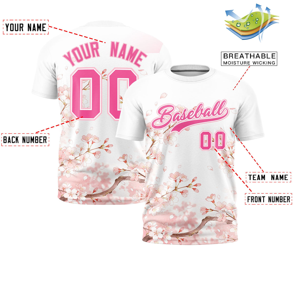 Custom White Pink Light Pink Cherry Blossoms Personalization Moisture-Wicking T-shirt| KXKSHOP