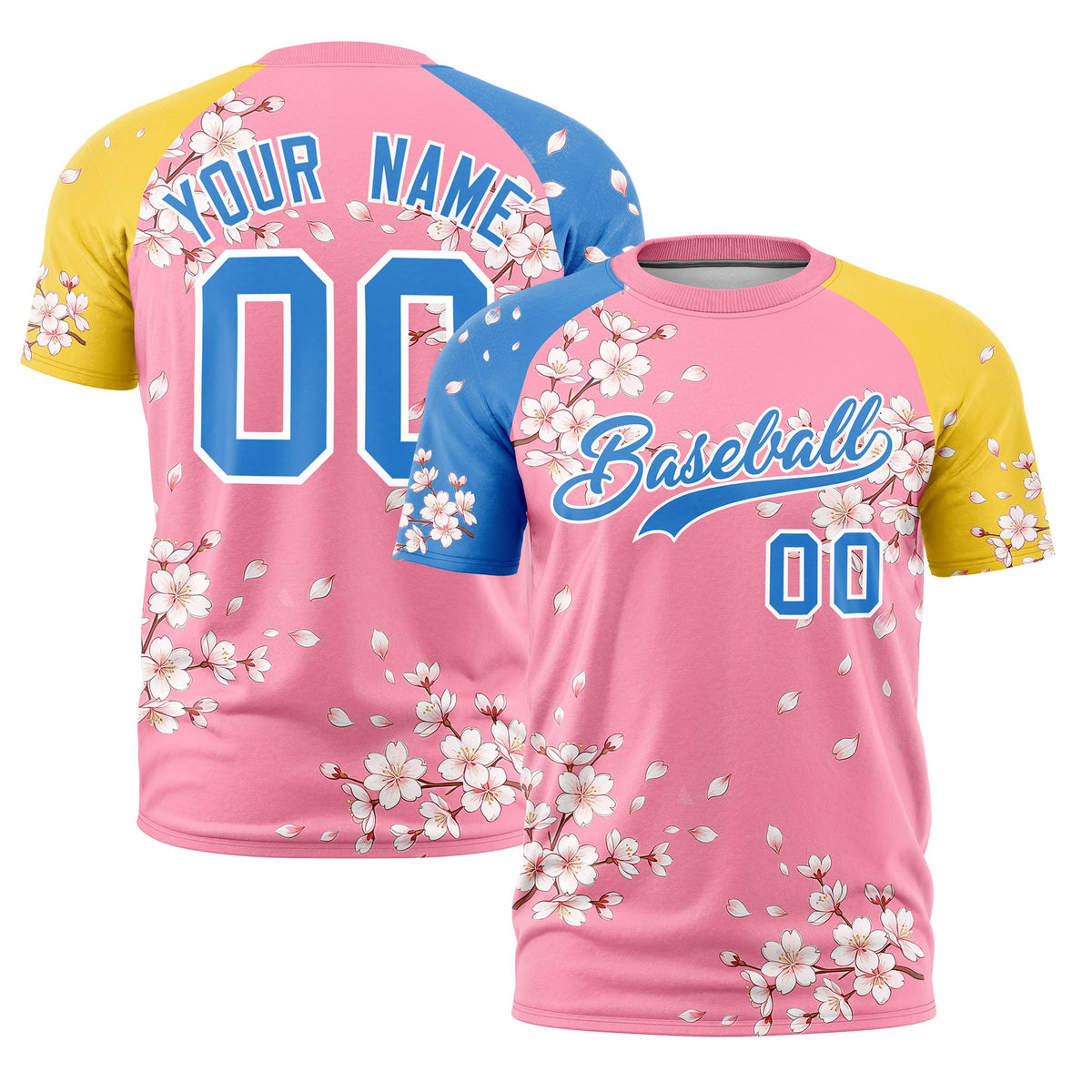 Custom Light Pink Light Blue Gold Cherry Blossoms Personalization Stretch Fabric T-shirt| KXKSHOP