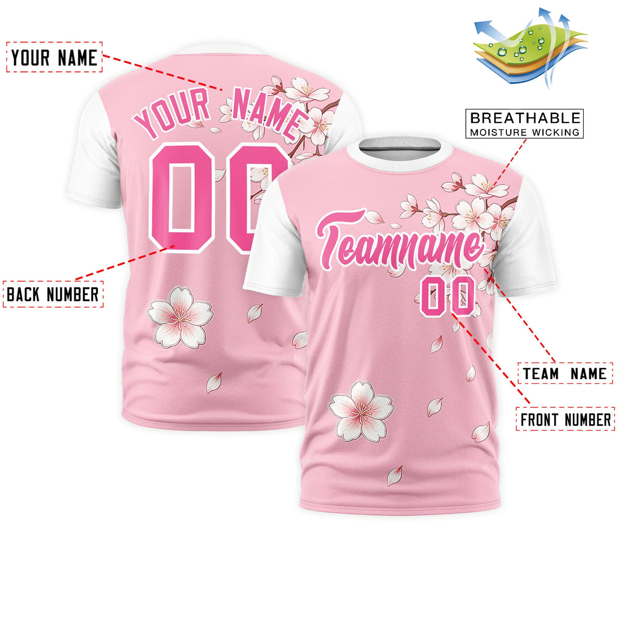 Custom Light Pink White Pink Cherry Blossoms Personalization Moisture-Wicking T-shirt| KXKSHOP
