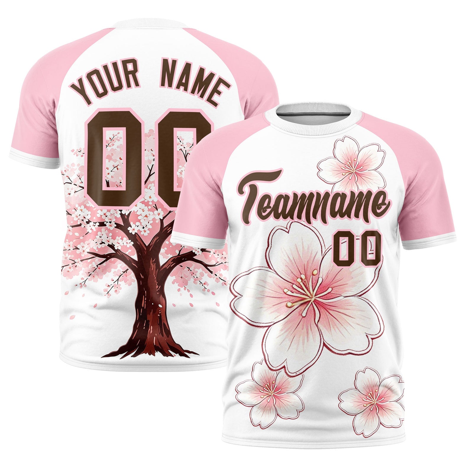 Custom White Light Pink Light Brown Cherry Blossoms Personalization Stretch Fabric T-shirt| KXKSHOP