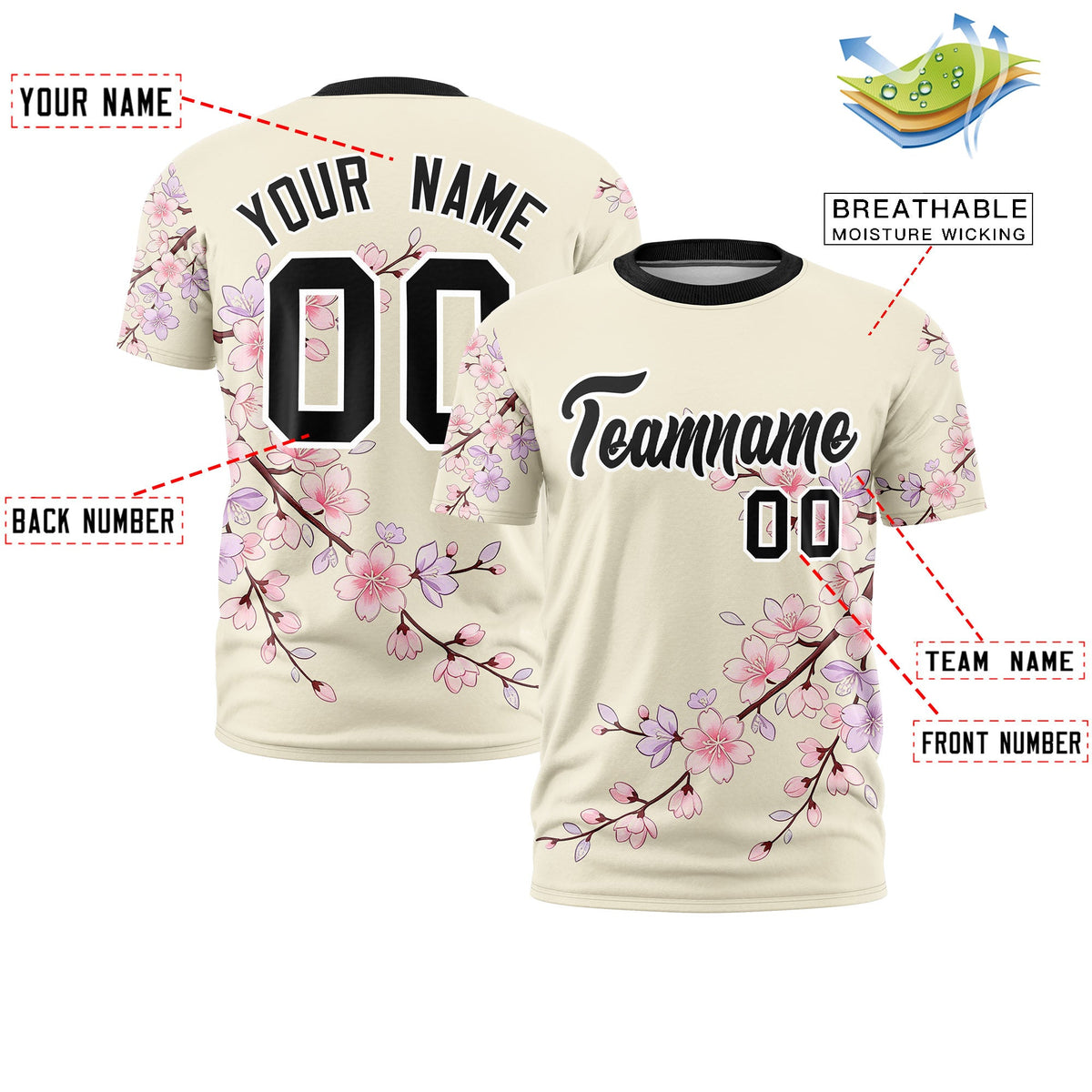 Custom Light Khaki Light Pink Black Cherry Blossoms Personalization Stretch Fabric T-shirt| KXKSHOP