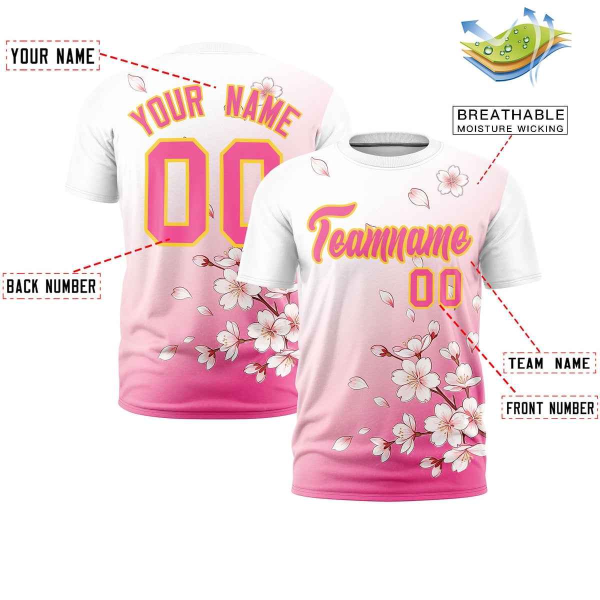 Custom White Pink Gold Cherry Blossoms Personalization Stretch Fabric T-shirt| KXKSHOP