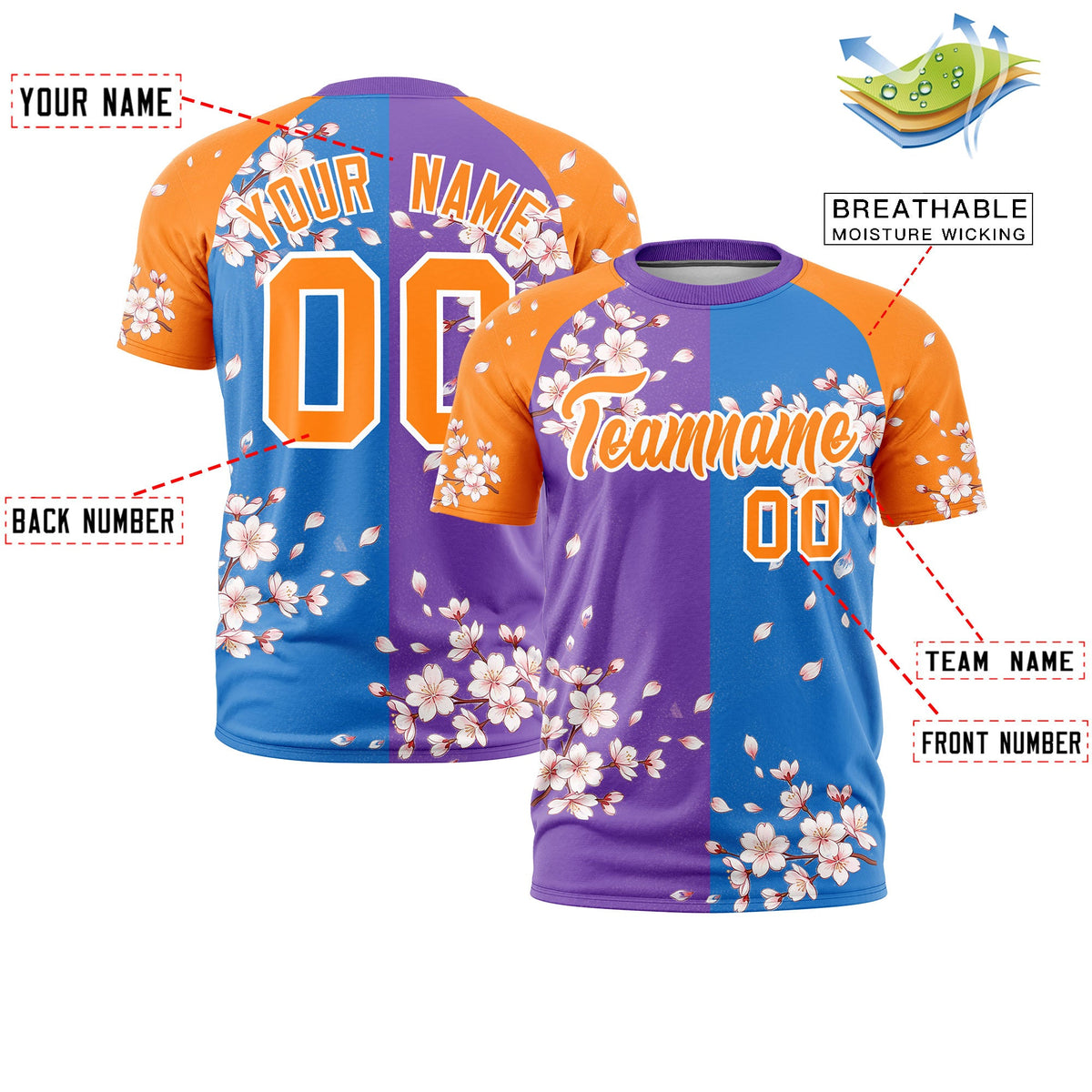 Custom Light Blue Orange White Cherry Blossoms Personalization Stretch Fabric T-shirt| KXKSHOP
