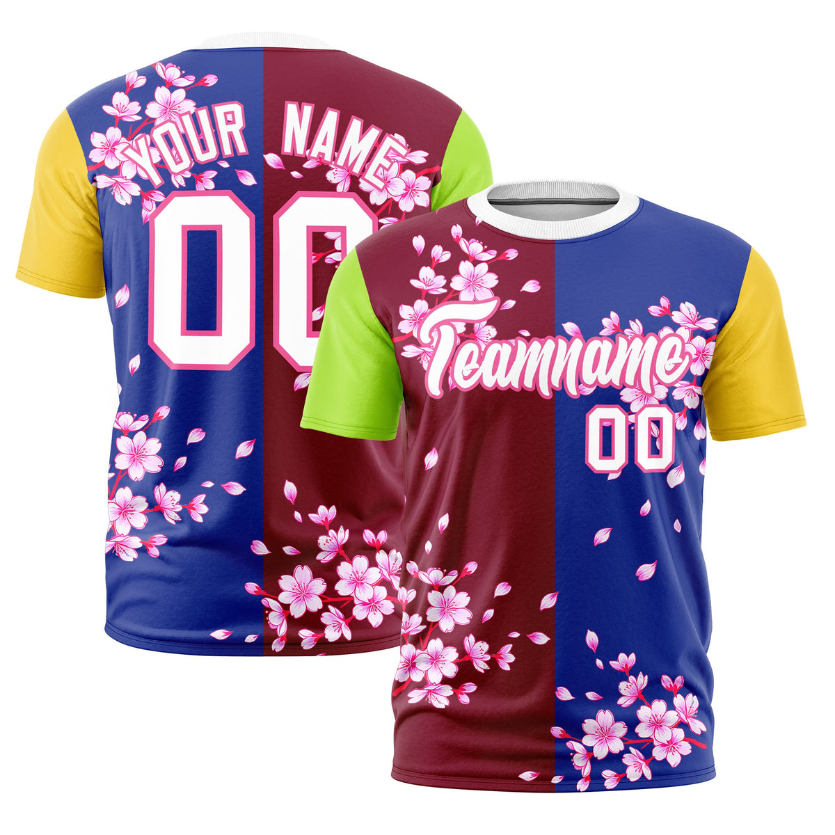 Custom Crimson Royal Blue Neon Green Cherry Blossoms Personalization Stretch Fabric T-shirt| KXKSHOP