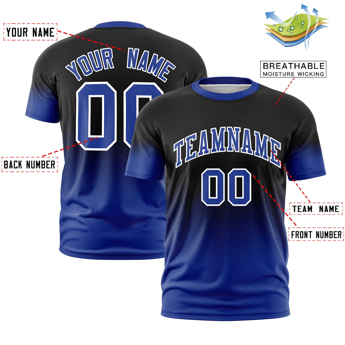 Custom Black Royal Blue White Gradient Fashion Lightweight T-shirt| KXKSHOP