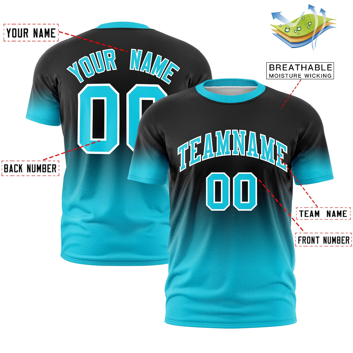 Custom Black Sky Blue White Gradient Fashion Lightweight T-shirt| KXKSHOP