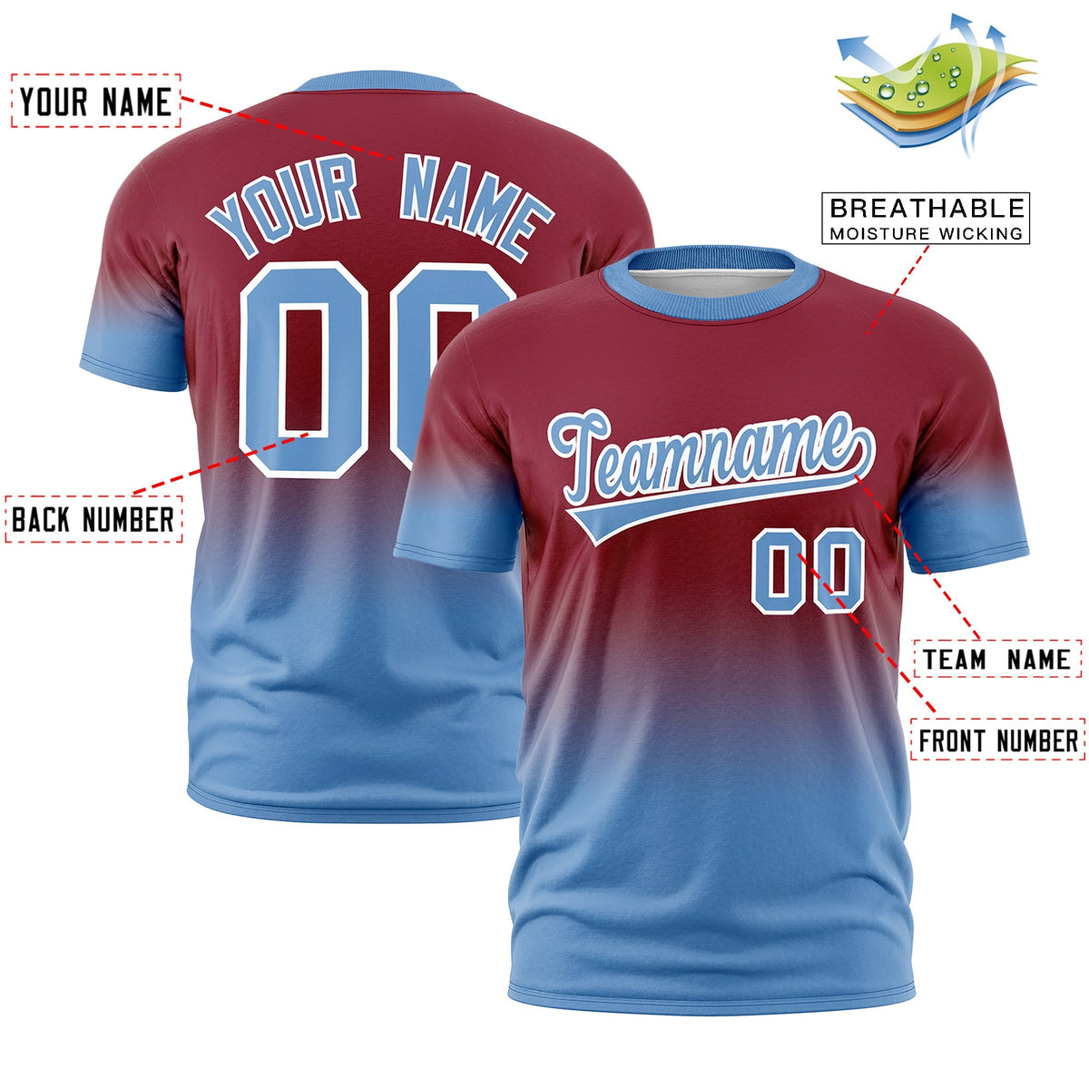 Custom Crimson Light Blue White Gradient Fashion Lightweight T-shirt| KXKSHOP