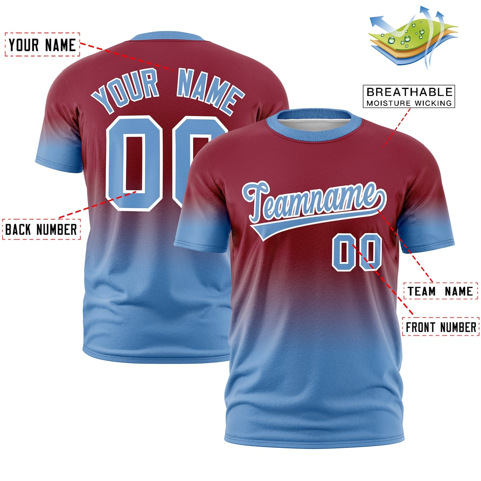 Custom Crimson Light Blue White Gradient Fashion Lightweight T-shirt| KXKSHOP