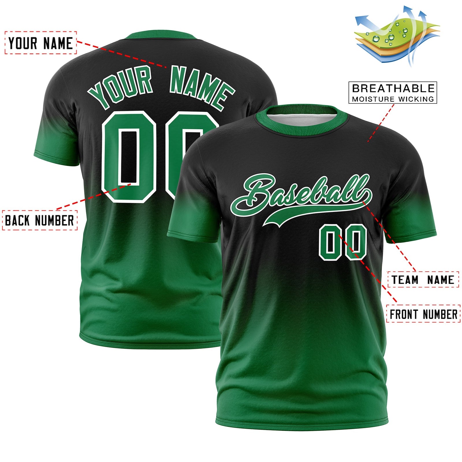 Custom Black Kelly Green White Gradient Fashion Quick Dry T-shirt| KXKSHOP