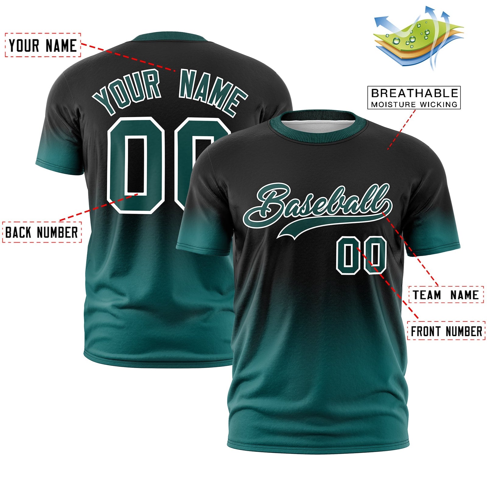 Custom Black Teal White Gradient Fashion Quick Dry T-shirt| KXKSHOP
