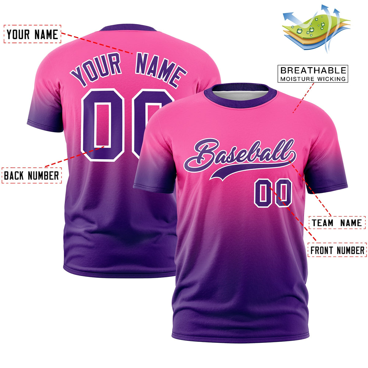 Custom Pink Purple White Gradient Fashion Quick Dry T-shirt| KXKSHOP