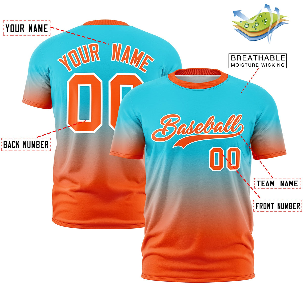 Custom Sky Blue Orange White Gradient Fashion Lightweight T-shirt| KXKSHOP