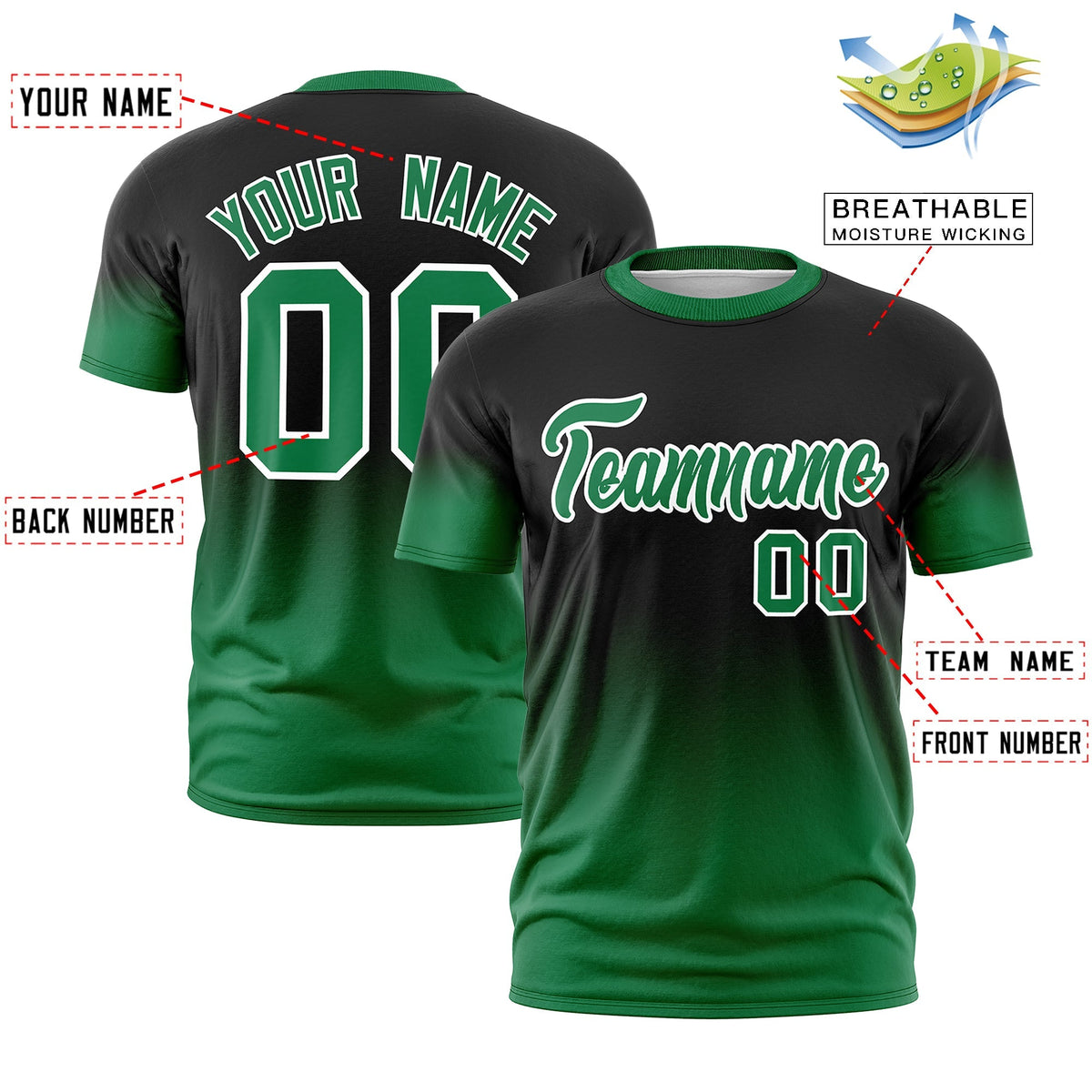 Custom Black Kelly Green White Gradient Fashion Quick Dry T-shirt| KXKSHOP