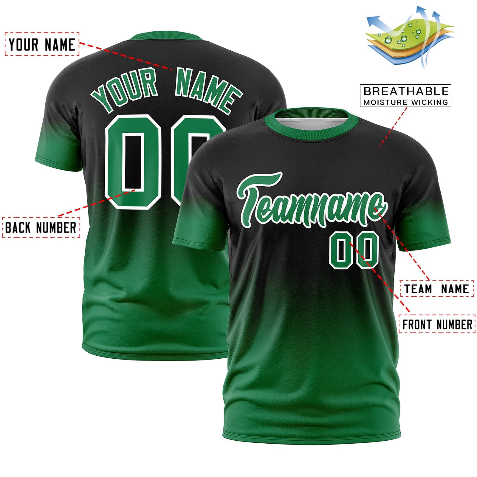 Custom Black Kelly Green White Gradient Fashion Quick Dry T-shirt| KXKSHOP