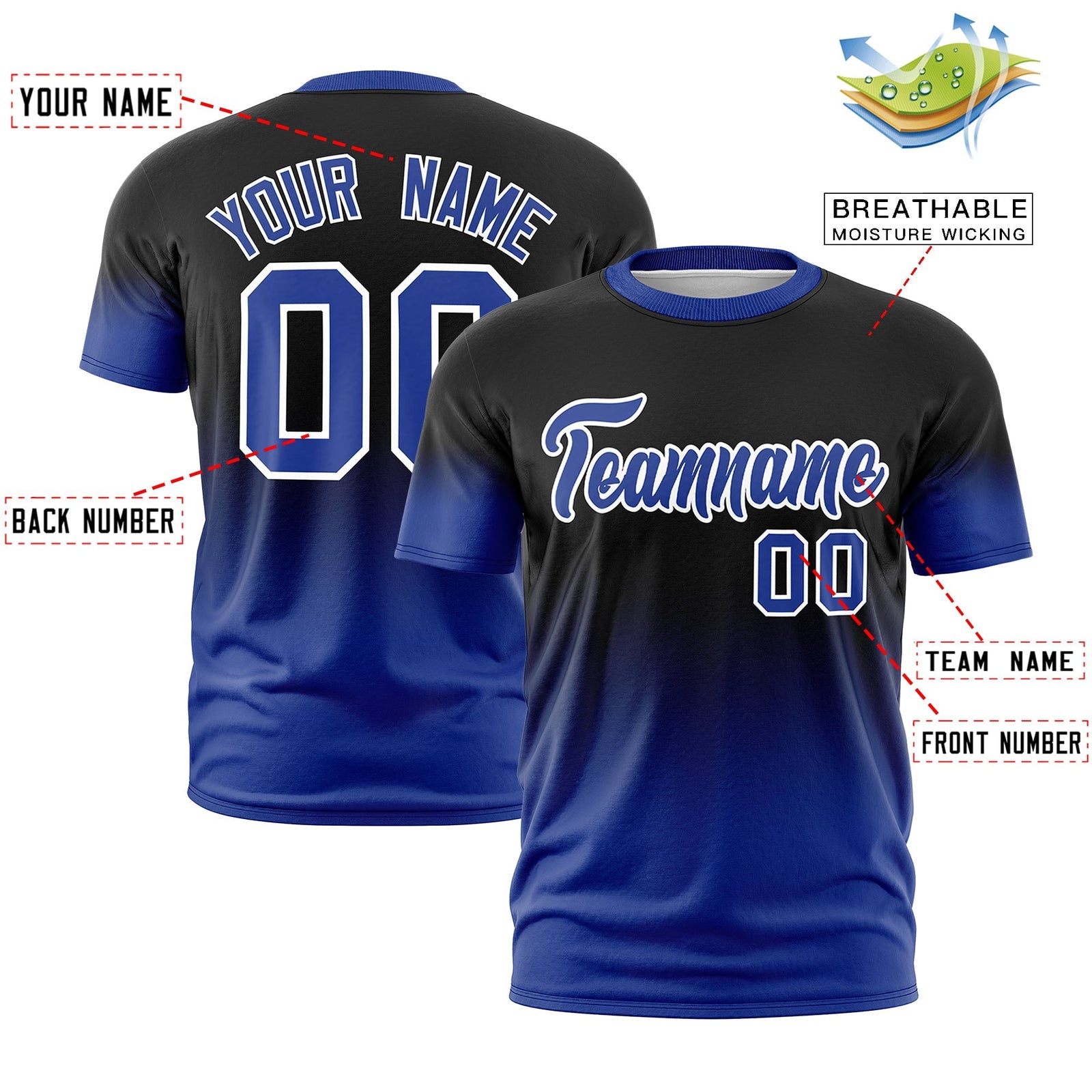 Custom Black Royal Blue White Gradient Fashion Lightweight T-shirt| KXKSHOP