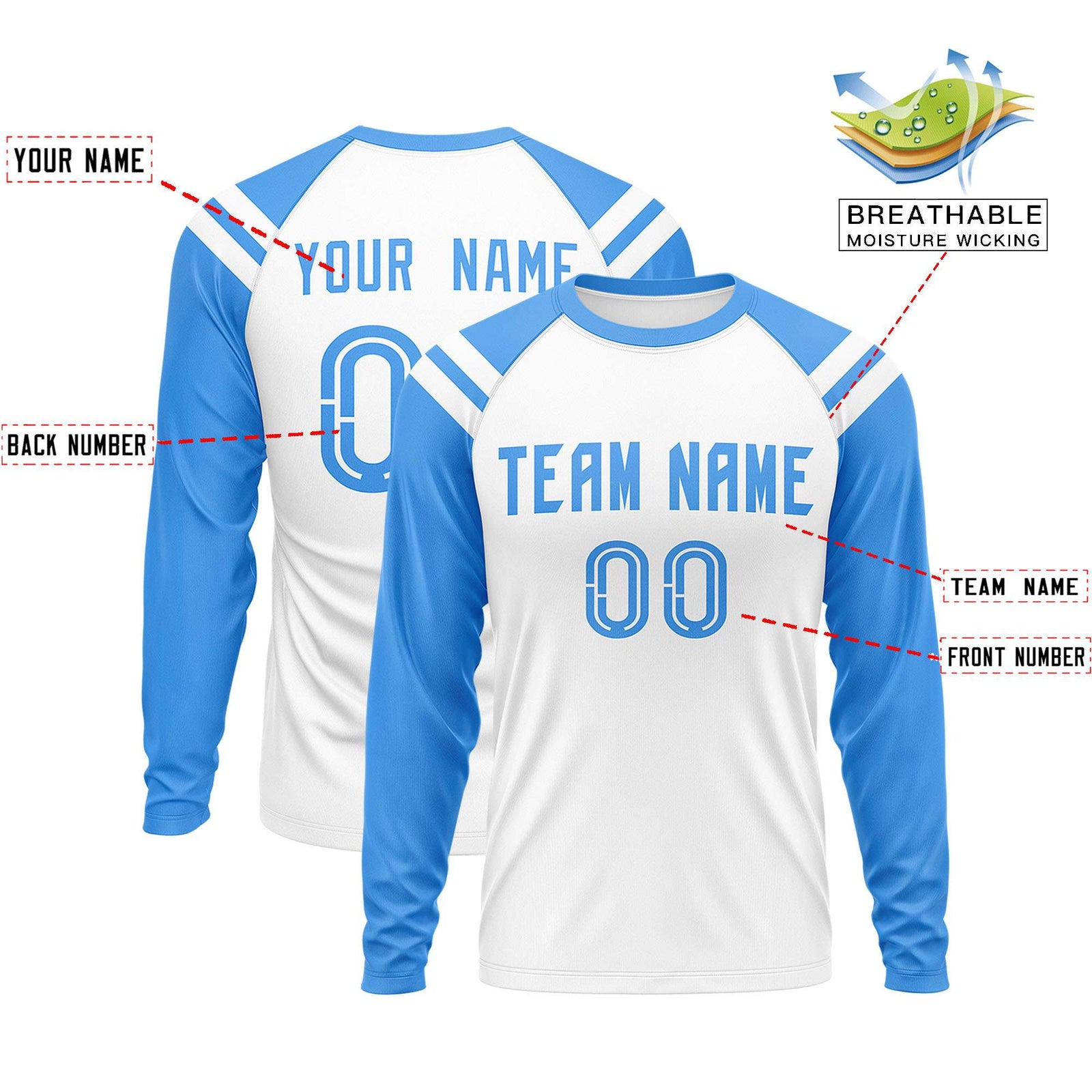 Custom White Powder Blue-White Crew Neck Personalized Raglan Long Sleeve Performance T-Shirt