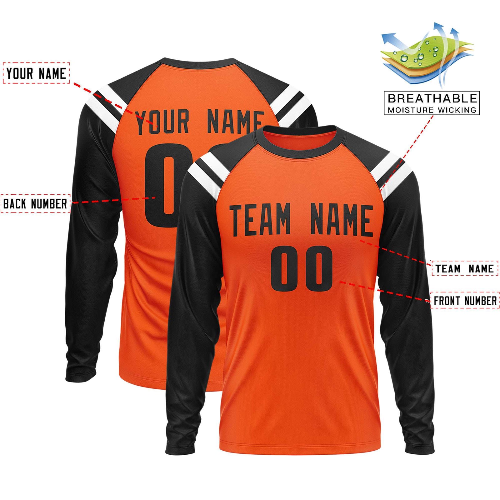 Custom Orange Black-White Crew Neck Personalized Raglan Long Sleeve Performance T-Shirt