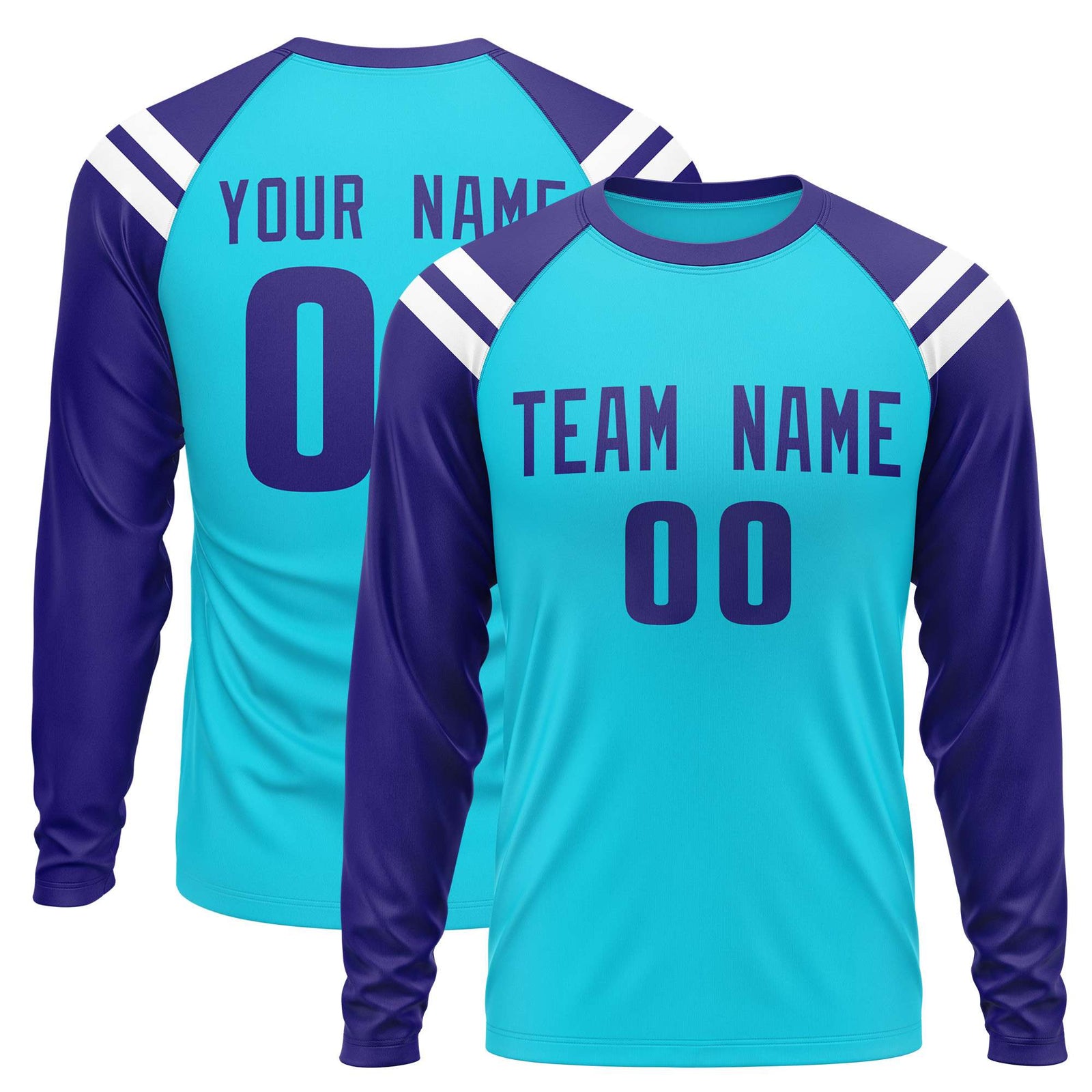 Custom Sky Blue Purple-White Crew Neck Personalized Raglan Long Sleeve Performance T-Shirt