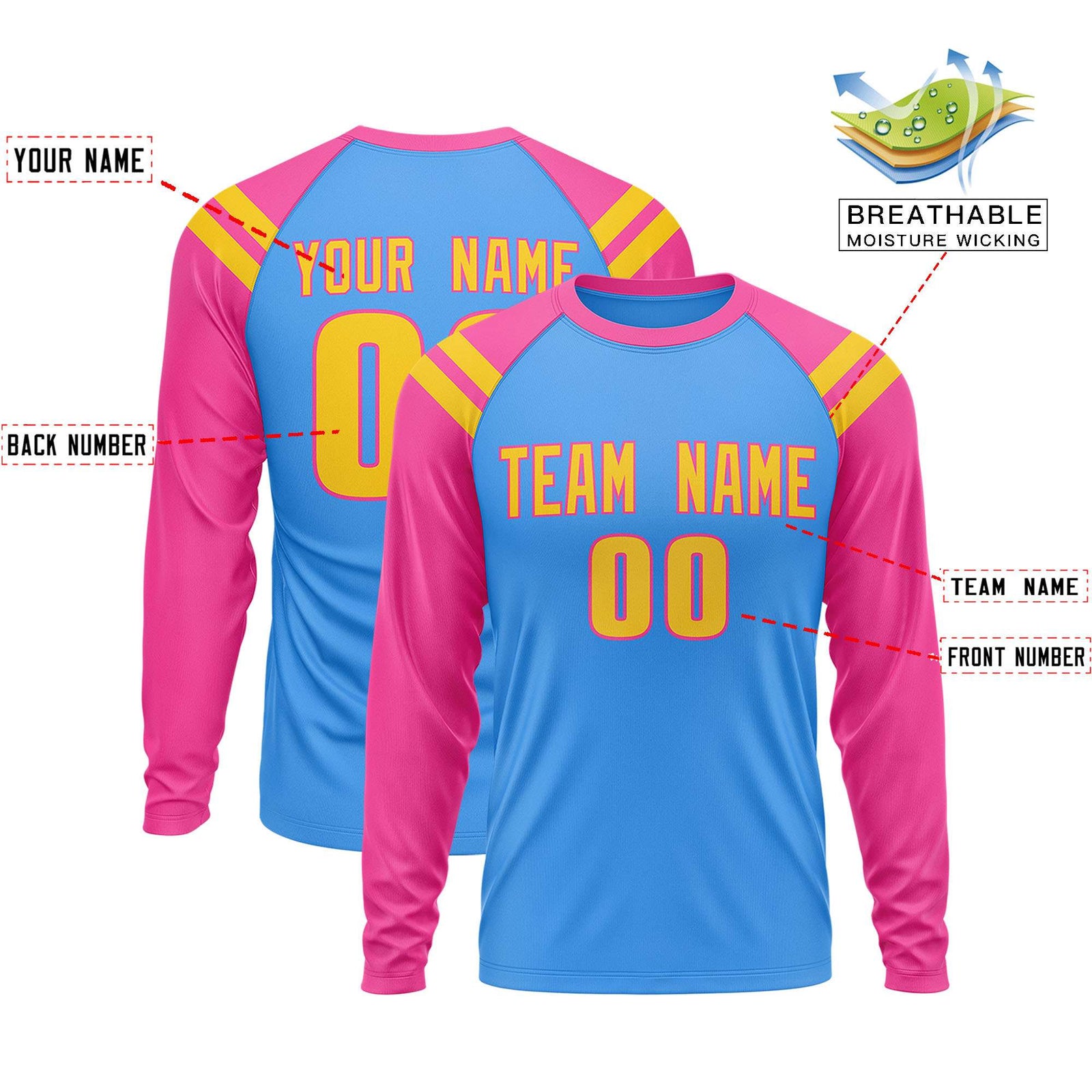 Custom Powder Blue Pink-Gold Crew Neck Personalized Raglan Long Sleeve Performance T-Shirt