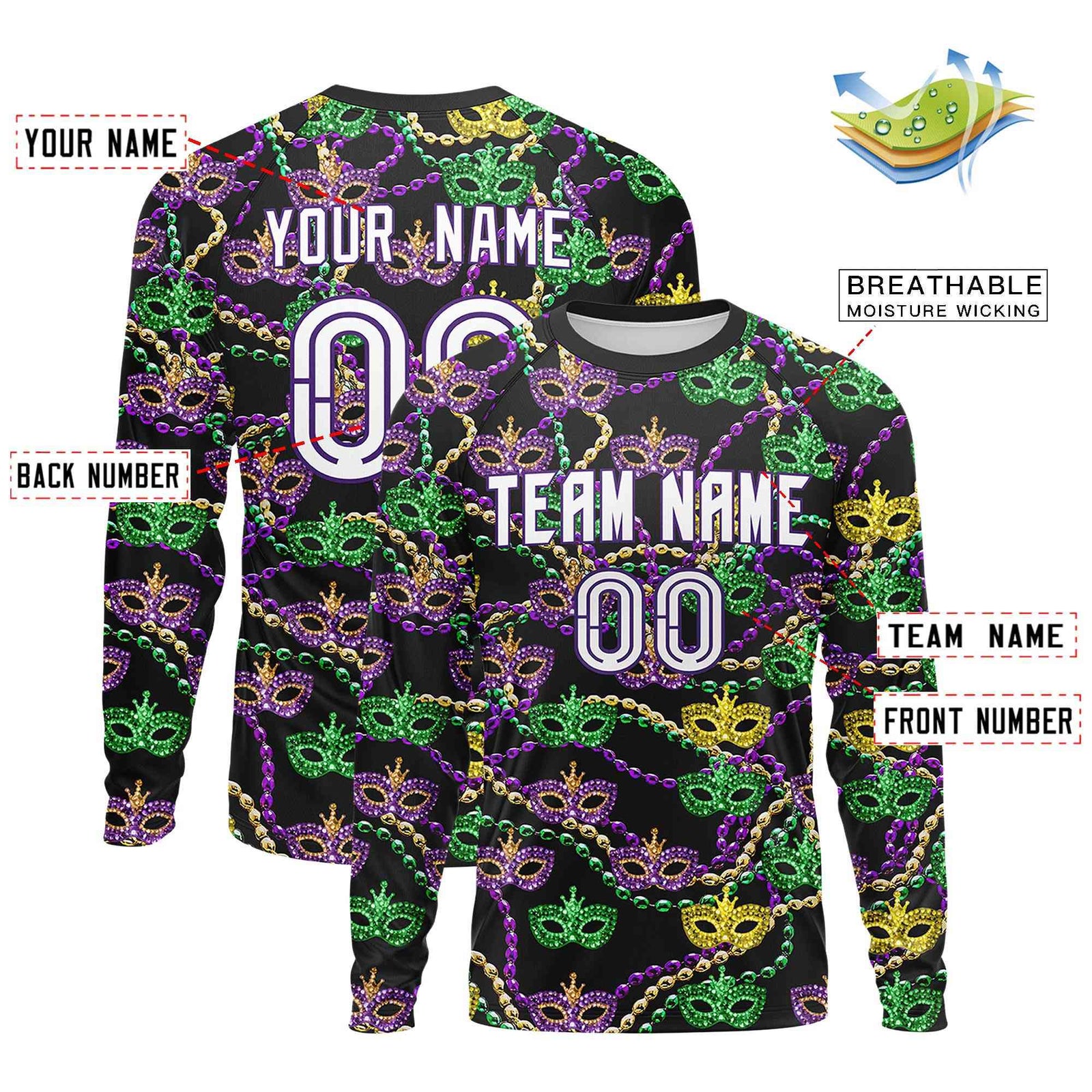Custom Black White Crew Neck Personalized Mardi Gras Long Sleeve Performance T-shirt | KXKSHOP