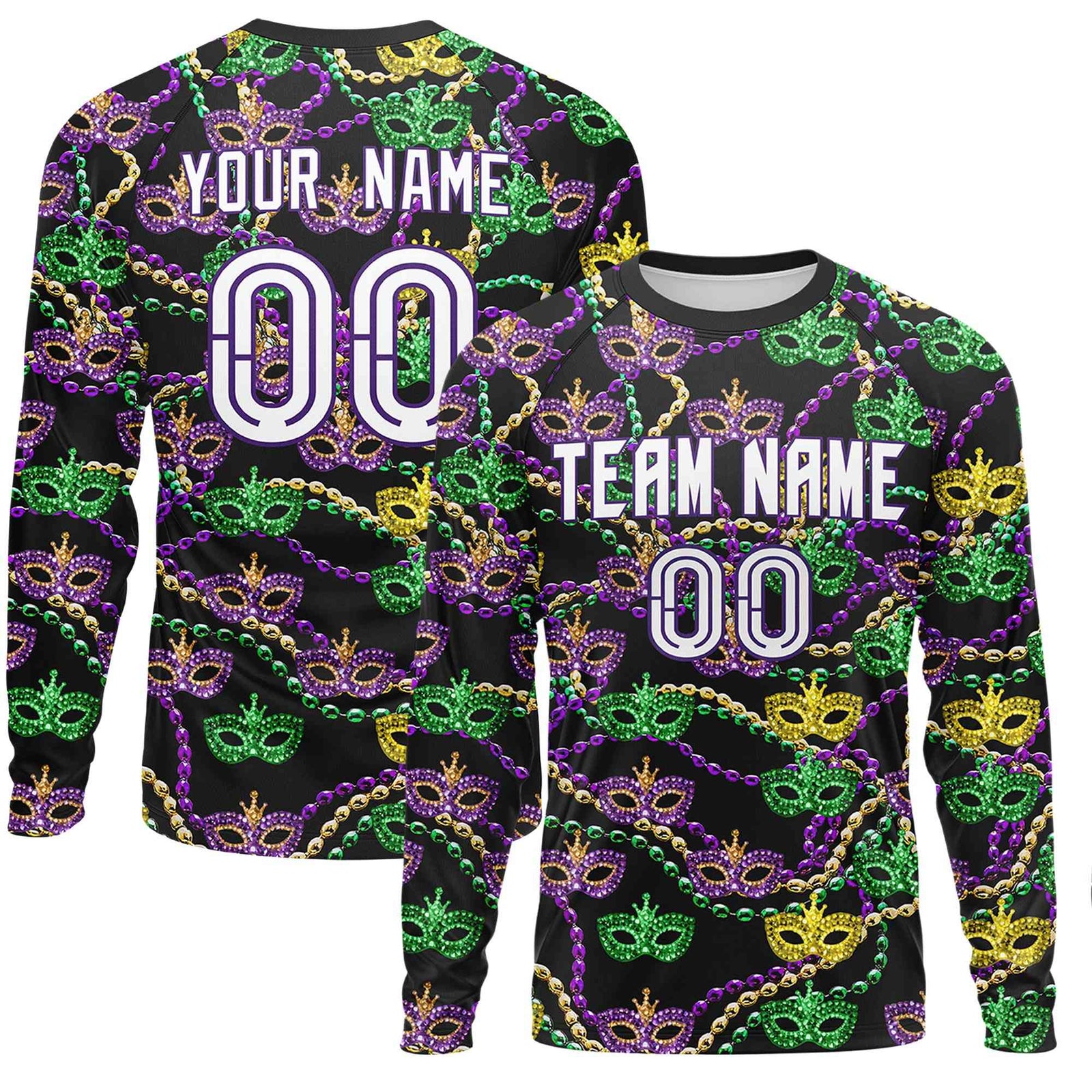 Custom Black White Crew Neck Personalized Mardi Gras Long Sleeve Performance T-shirt | KXKSHOP