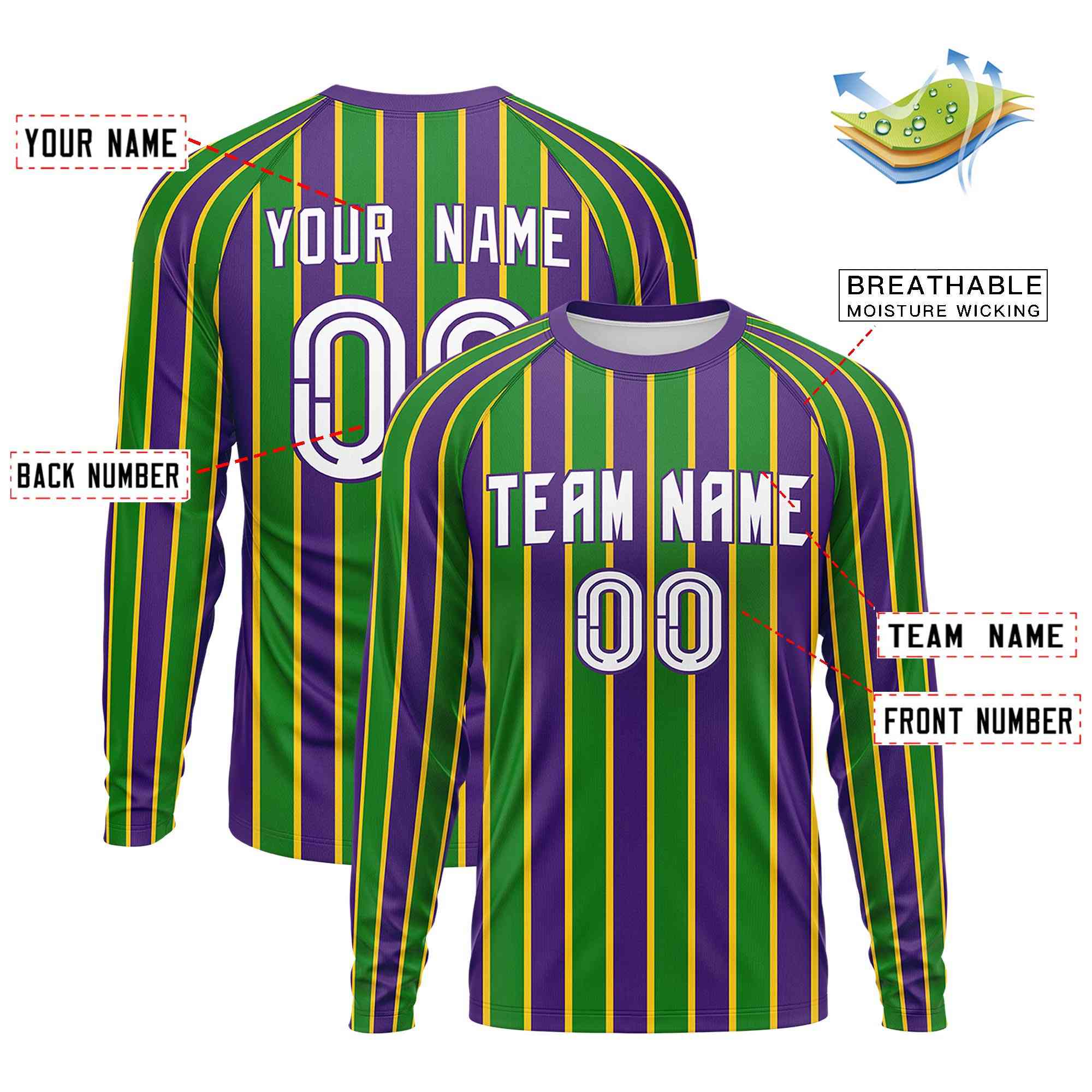 Custom Purple Kelly Green Crew Neck Personalized Mardi Gras Long Sleeve Performance T-shirt | KXKSHOP