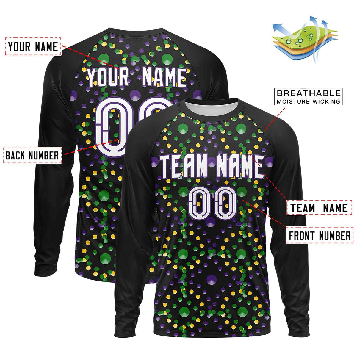 Custom Black Purple Crew Neck Personalized Mardi Gras Long Sleeve Performance T-shirt | KXKSHOP