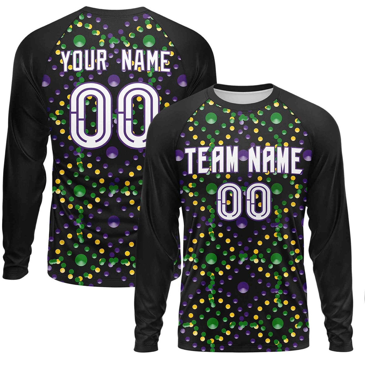Custom Black Purple Crew Neck Personalized Mardi Gras Long Sleeve Performance T-shirt | KXKSHOP