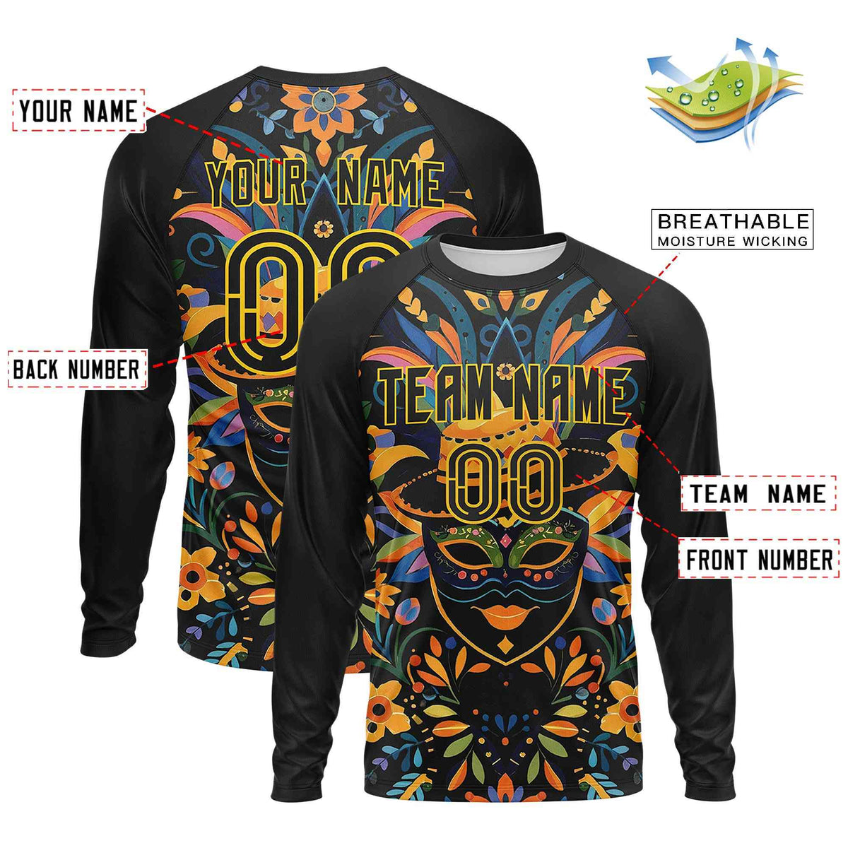 Custom Black Gold Crew Neck Personalized Mardi Gras Long Sleeve Performance T-shirt | KXKSHOP