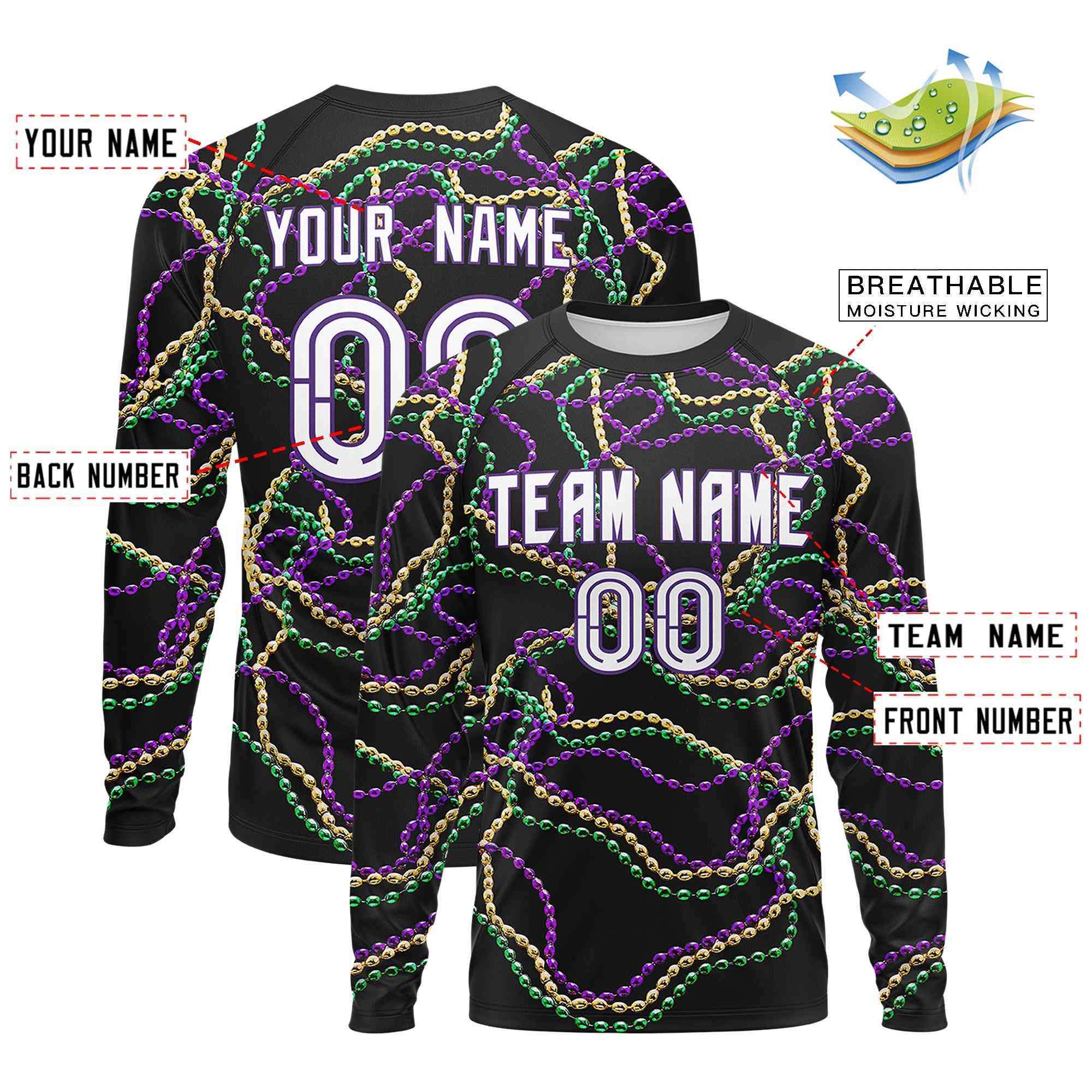 Custom Black Purple Crew Neck Personalized Mardi Gras Long Sleeve Performance T-shirt | KXKSHOP